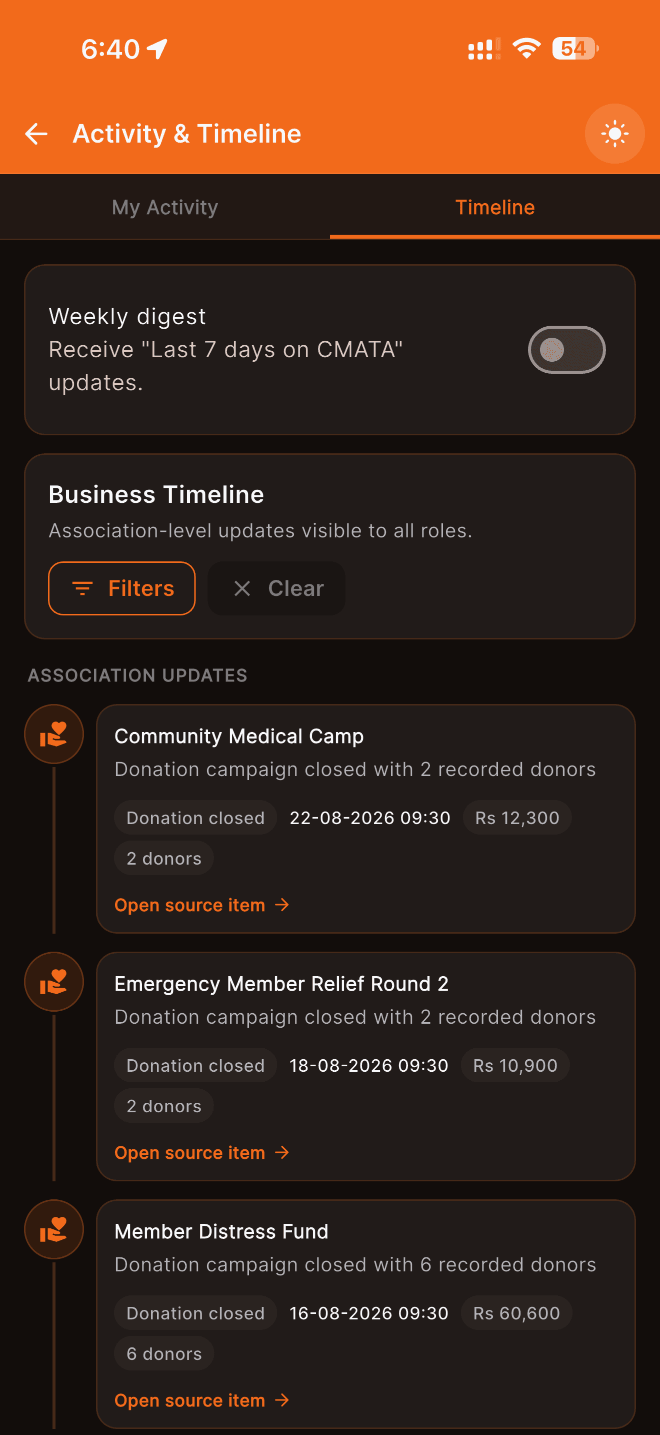 Bharosa business timeline mobile screen