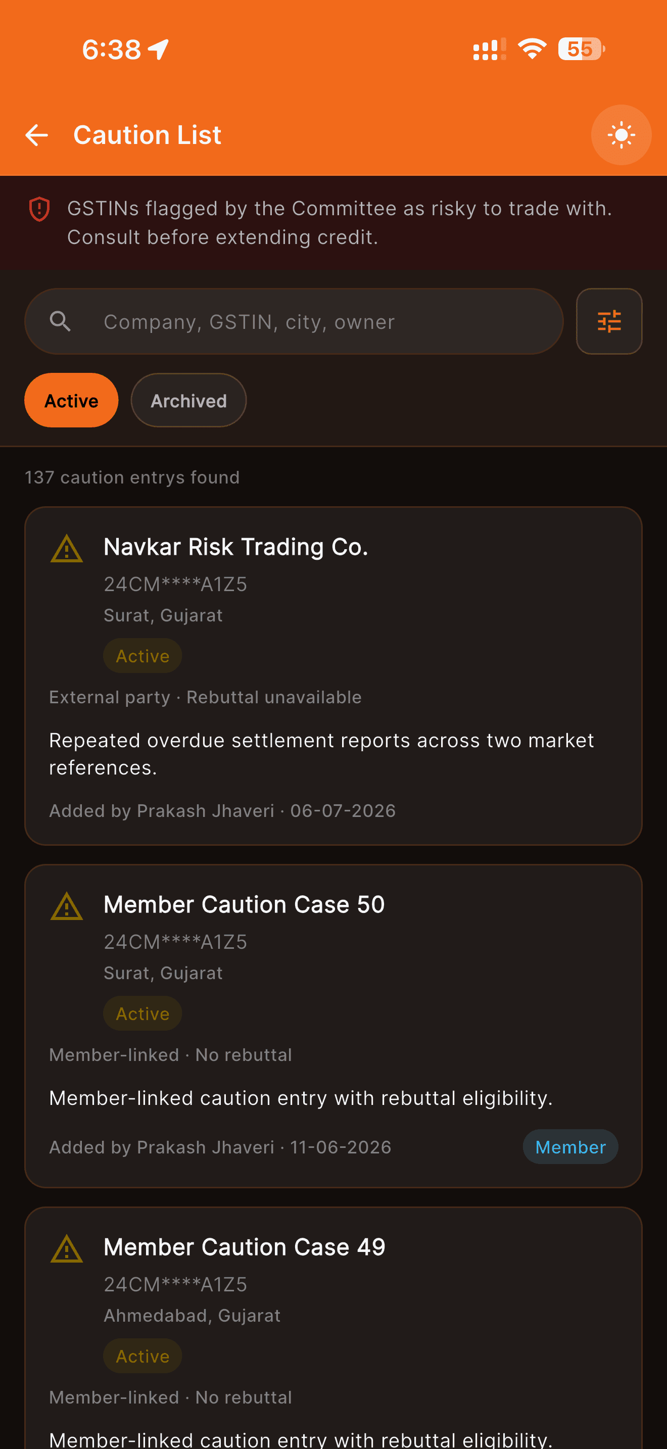 Bharosa caution list mobile screen
