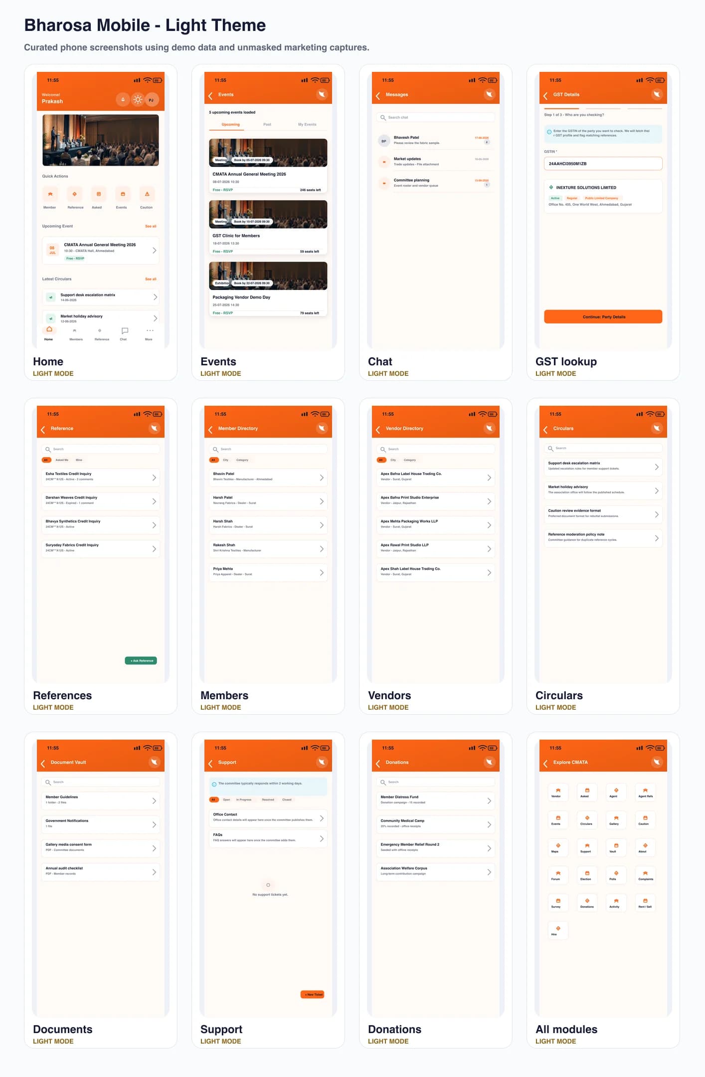 Curated Bharosa light theme mobile app screenshot contact sheet