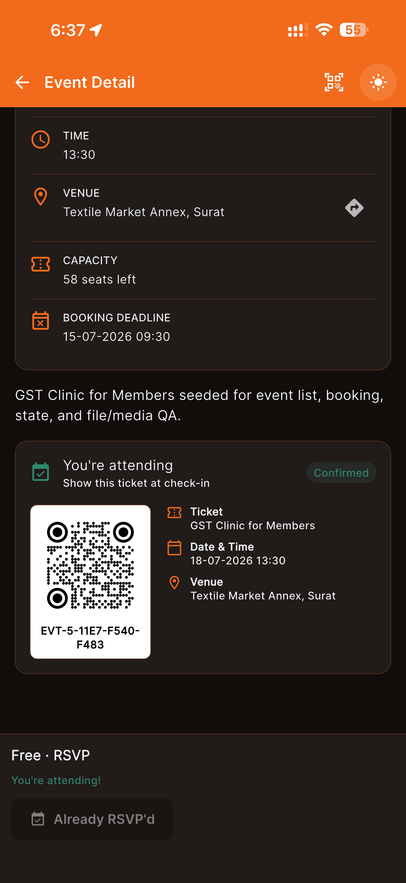 Bharosa event ticket mobile screen