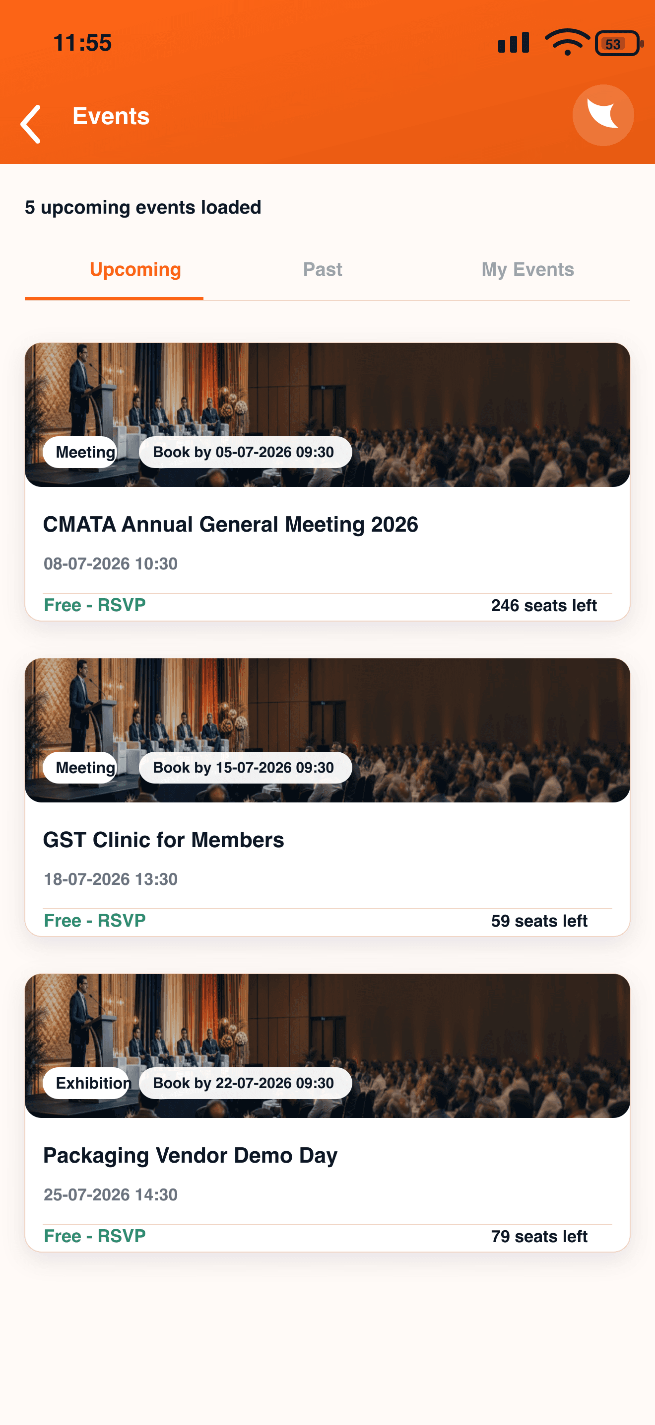 Bharosa events screen with cover photos