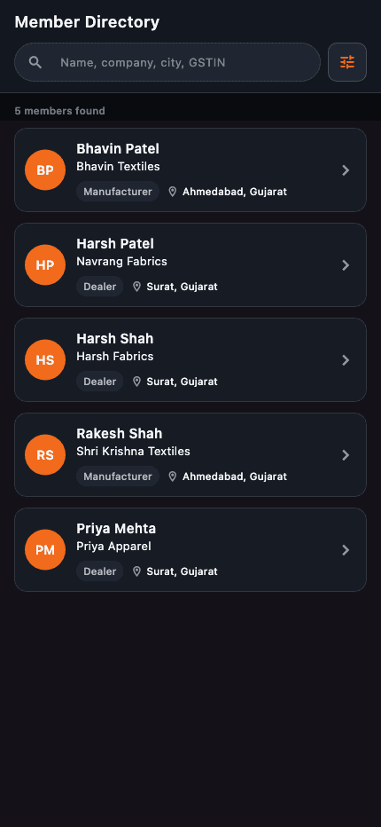 Bharosa member directory mobile screen