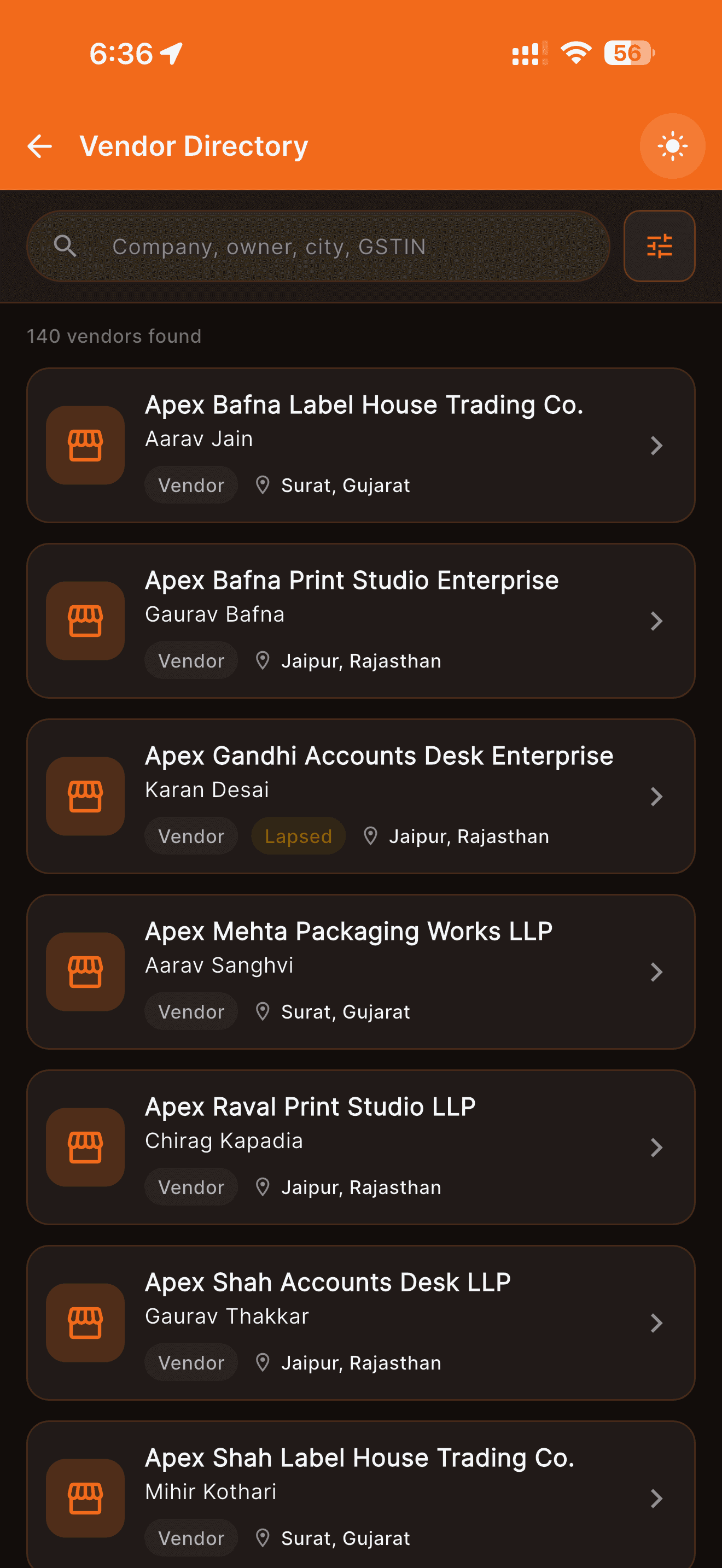 Bharosa vendor directory mobile screen